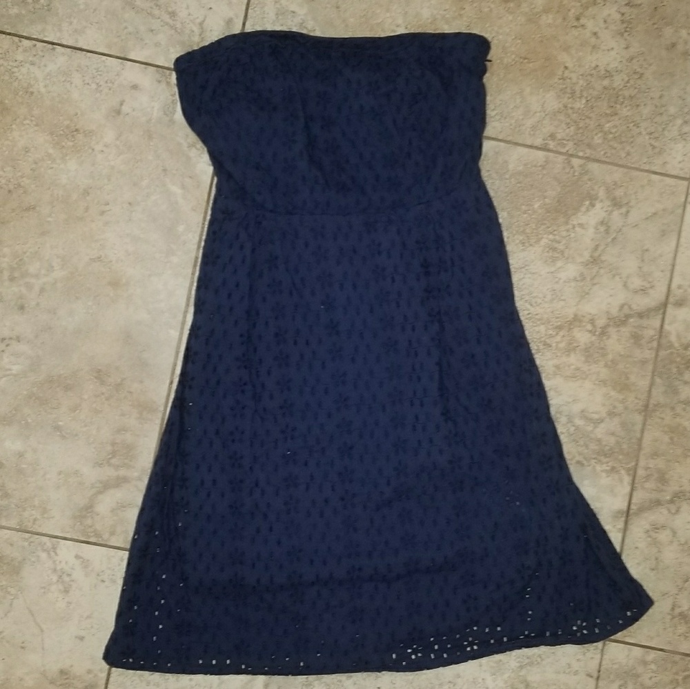 Strapless eyelet navy dress